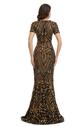 Black Gold Modest Maxi Fitted Gala Formal Evening Dress EN5010